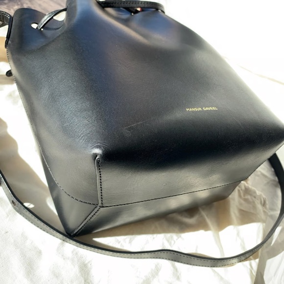 Authentic Mansur Gavriel Mini Bucket Bag in Black Flamme, Black + Red Leather - Picture 7 of 9